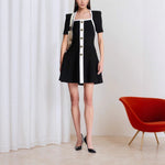 Square Collar Short Sleeve Color Matching with Metal Button Single Row Multi Buckle Design Ladies Dress