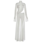 Winter Women Clothing Sexy See through Turtleneck Bell Sleeve Top Split Skirt Two Piece Sets