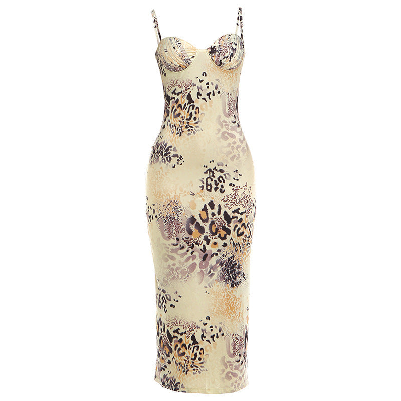 Summer Women Sexy Sleeveless Sling Low Collar Irregular Asymmetric Pattern Print Slim Dress