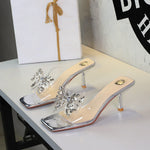 Rhinestone Bow Square Toe Open Toe Slippers Transparent Slip on Stiletto Heel Outdoor Slippers