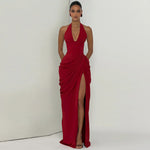 Summer Women Clothing Fashionable Halter Backless Pure Pleated Wrinkle High Sensitive Open Fork Hip Wrapped Dress