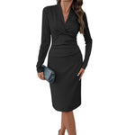 Black Cross V neck Pleated Slim Waist Dress Elegant Midi Dress