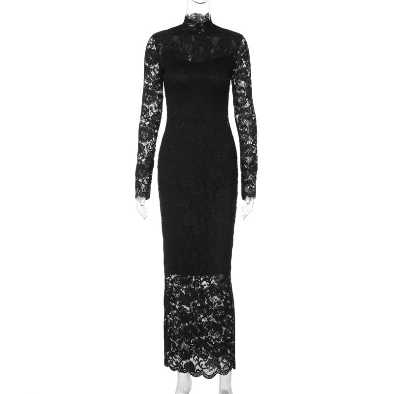 Women Clothing Summer Sexy Lace Stitching Slim Long Sleeve Dress