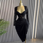 Women Clothing Spring Elegant Square Collar Lace Long Sleeve High Waist Slimming Midi Dress