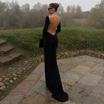 Autumn Winter Women Sexy Backless Chain Decoration Slim Fit Long Sleeved Dress