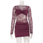 Sexy Night Club Women Sexy Lace Micro Transparent Stitching Long Sleeve Narrow Short Dress