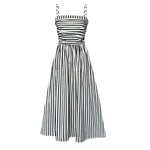French Striped Bandeau Sling Dress Women High Grade off the Shoulder Pleated Waist Tight A line Long Summer