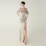 Bead Tube Sequin Heavy Industry Evening Dress Short Sleeve off the Shoulder Deep V Plunge High Slit Fishtail Dress Cocktail Socialite