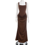 Women Clothing Autumn Winter Simple Solid Color Elegant Square Collar Sleeveless Slim Fit Maxi Dress