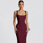 Sexy Boning Corset Slim Fit U Neck Long Pleating Pullover Dress Cocktail Party Evening Dress