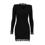 Adult Lady like Woman Autumn Winter V neck Lace Stitching Black Sexy Tight Milk Silk Hip Elegant Dress