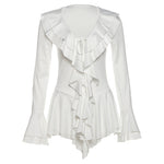 Fall Women Clothing V neck Slim Fit Tied Ruffled Flare Sleeve Dress