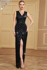 Popular Sexy V neck Split Sequined Sheath Slim Cocktail Evening Dress