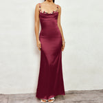 Long Sling Dress Sexy Summer Backless Lace up Silk Patchwork Edge Dress