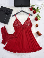 2 Pieces Women's Sleepshirts Lace Lingerie Set Semi-transparent V-Neck Thong Underwear for Women Exquisite Tulle Nightgown Set