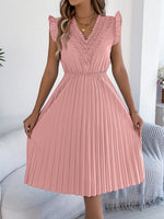 Women Clothing Spring Summer Casual Lace V neck Wooden Ear Cinched Pleated Dress