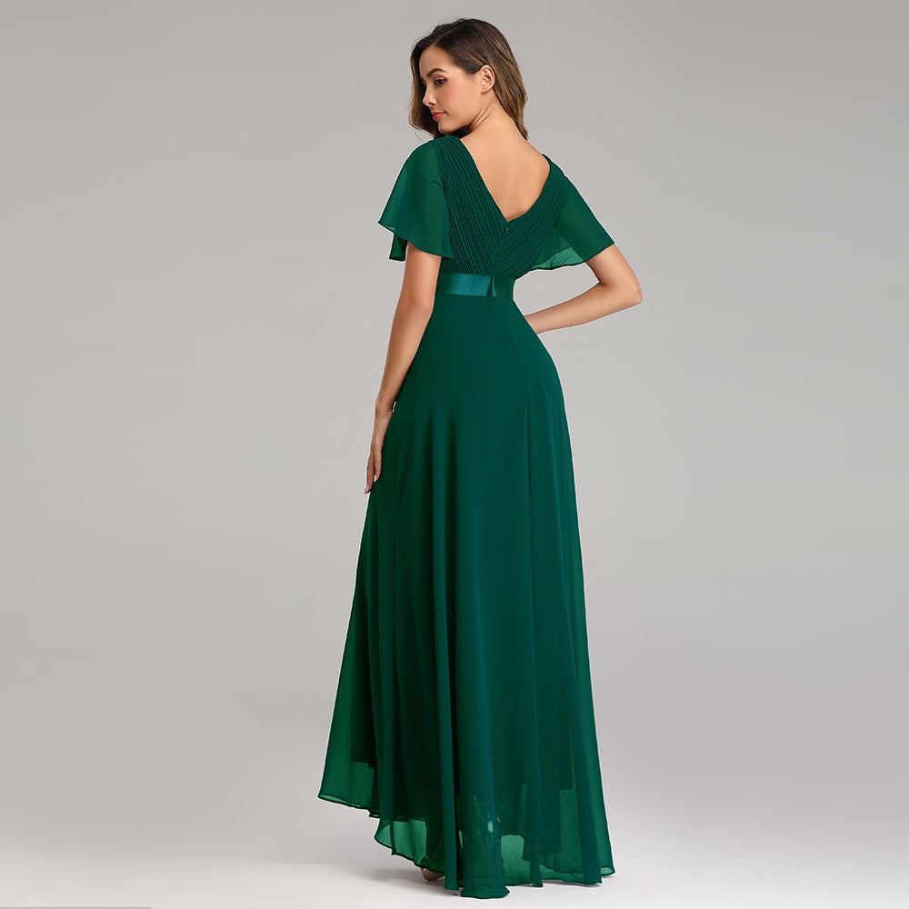 Hand-Folded Large V-neck Dress Chiffon Elastic Banquet Bridesmaid Evening Dress for Women