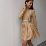 Round Neck Waist Trimming Knitted Dress Women All Match Advanced Pleated Woolen