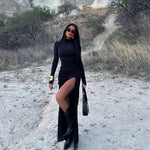 Autumn Stand Collar Long Sleeve Pleated Sexy Slit Hip Bag Dress Women