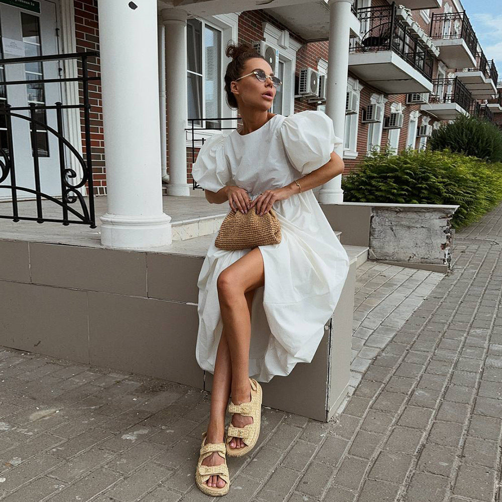 Cotton round Neck Puff Sleeve Dress Spring Summer Solid Color Loose Casual Dress for Women