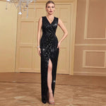 Popular Sexy V neck Split Sequined Sheath Slim Cocktail Evening Dress