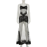 Summer Women Mesh Lace Lace Spaghetti Strap Dress See through Sexy Nightdress Vacation Maxi Dress