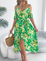 Spring Summer Strapless Cross V neck Floral Strap Dress Holiday Dress Women Clothing
