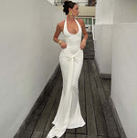 Cinched Patchwork Streamer Solid Color Wild Long Halter Backless Dress Women Clothing