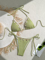 Shell Decoration Ribbed Bikini Women Swimwear Female Swimsuit Two-pieces Bikini Set Halter Strappy Bather Bathing Suit Swim Lady