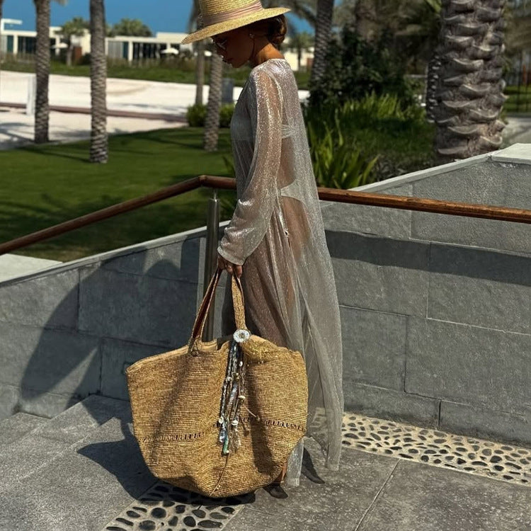 Women Clothing See through round Neck Long Sleeve Split Sun Protection Sexy Dress