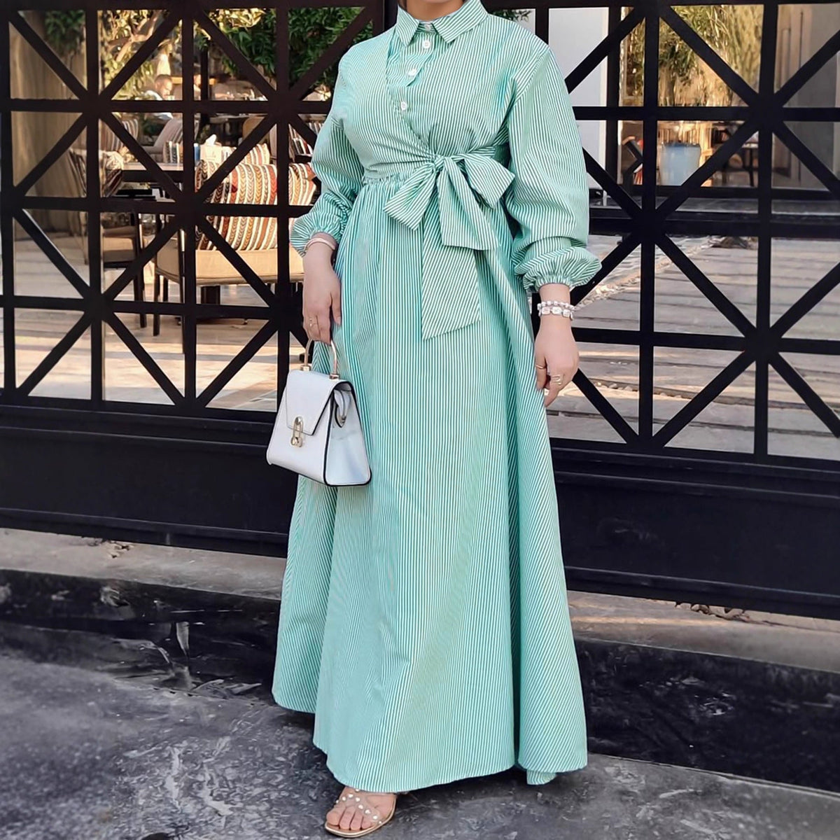 Women Striped Long Sleeve Turn down Collar Elegant Casual Robe Tunic Dress