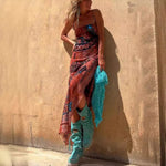 Sexy Sleeveless Printed Stretch Split Straps Tulle Dress