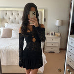 Lace Hollow Out Cutout Sexy off Shoulder Dress Women Adult Lady like Woman Slim Fitting Patchwork Tiered Dress