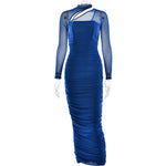 Women Dress Mesh round Neck Long Sleeve Backless Tube Top Slim Fit Pleated Dress