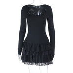Square Collar Wooden Ear Mini Dress for Women Autumn Winter Long Sleeve Dress