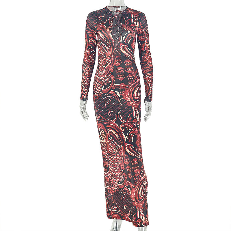 Elegant Retro Women Tight Waist Slimming Slit Hip Dress Color Matching Long Sleeve Dress