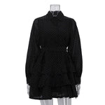 Casual Black Rhimestone A line Dress Women Clothing Autumn Polo Collar Long Sleeve High Waist Bubble Dress