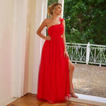 Women Clothing Shoulder Solid Color Voile Slit Slim Fitting Dress