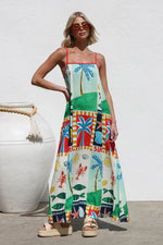 Spring Summer Loose Casual Print off Neck Strap Dress Vacation Dress