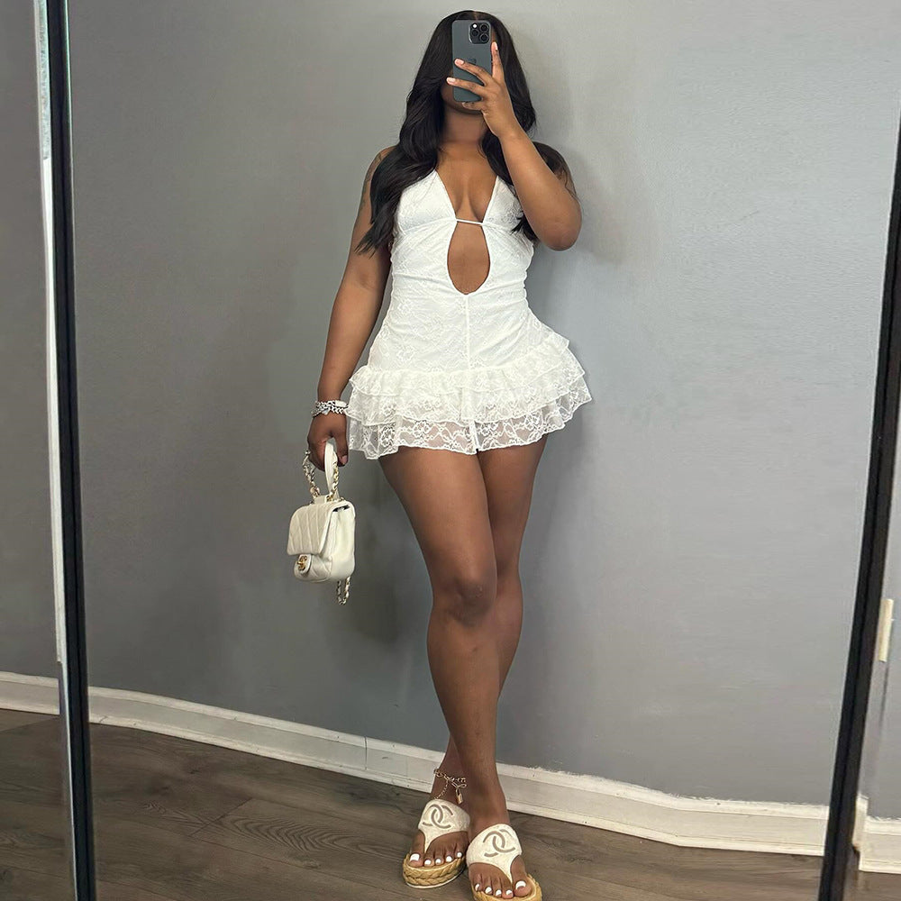 Sexy Women Clothing Dress Autumn Lace up Lace Cake Type Backless Sexy