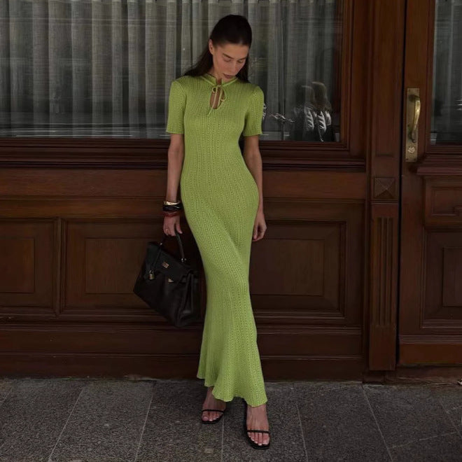 Summer Women Candy Color Slim Fit Dress Women Summer round Neck Short Sleeves Knitted Long Sweater Dress