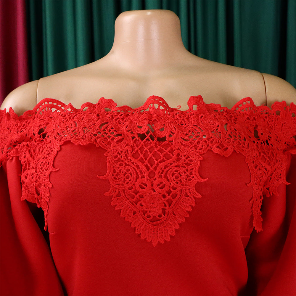 D368 cross-border women's fashion temperament lace off-the-shoulder fishtail party sexy party dress foreign trade dress