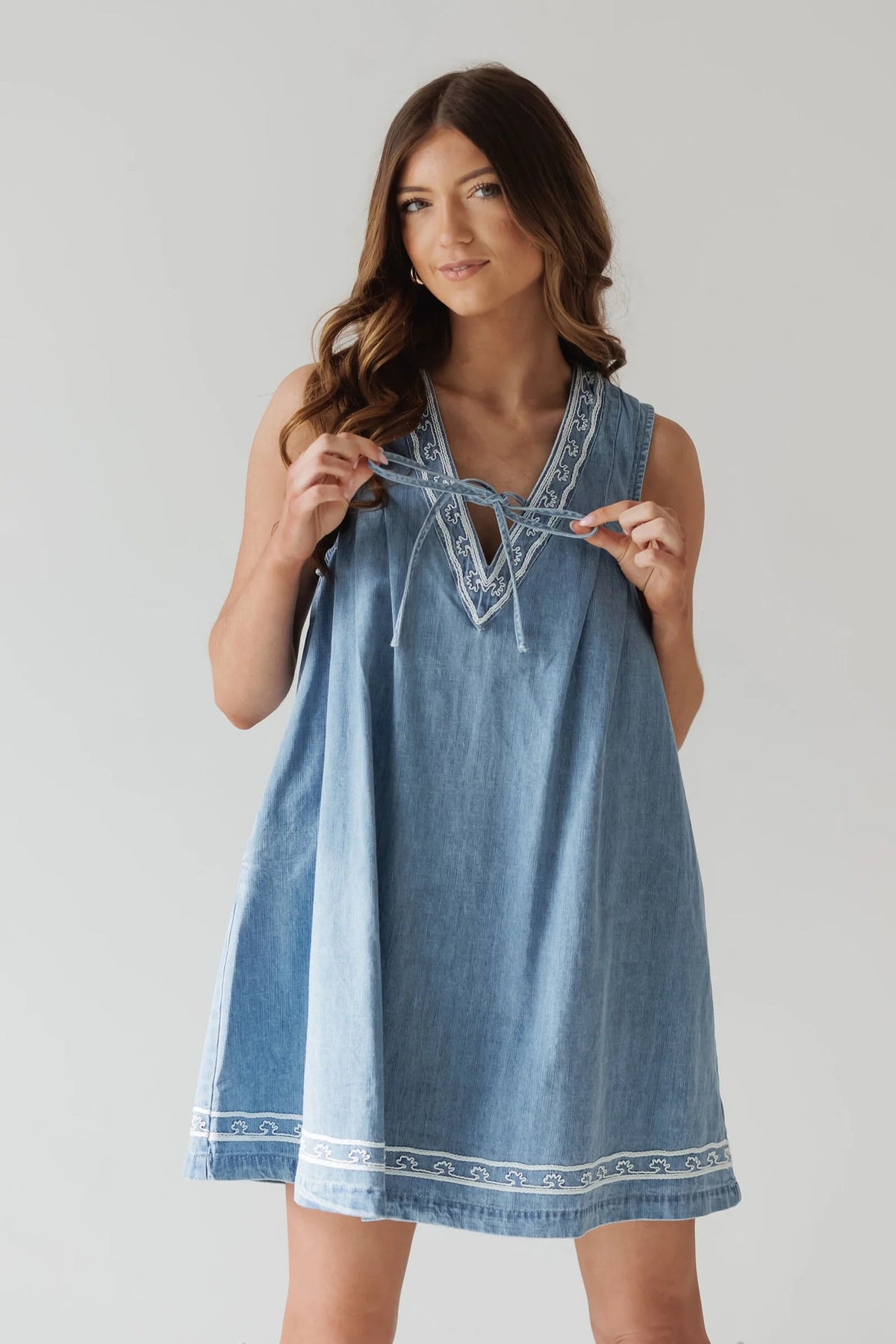 Summer Street Hipster V neck Sleeveless Embroidered Vest Denim Dress