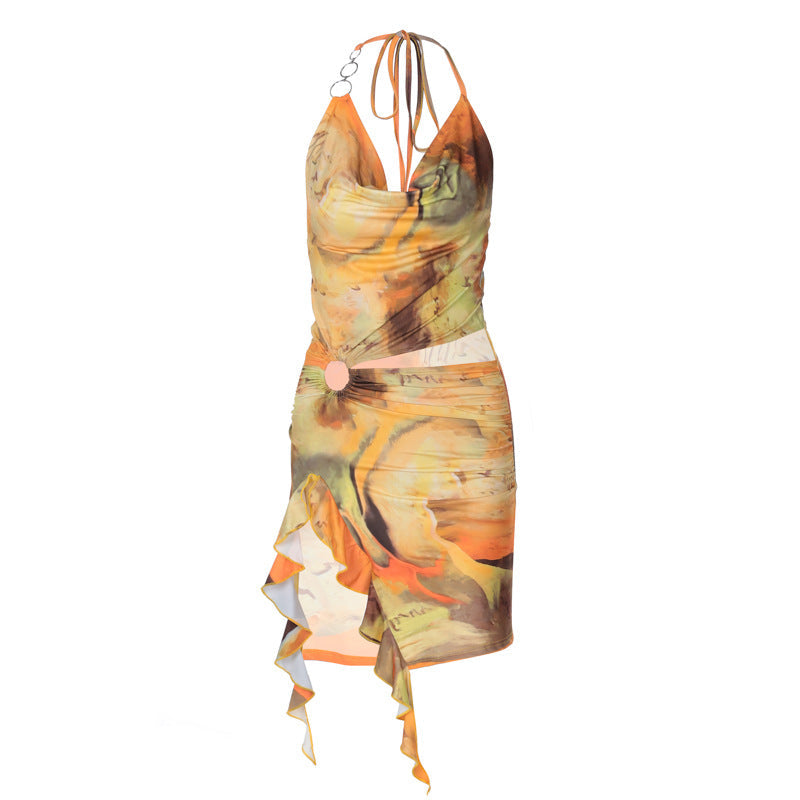 Women Clothing Summer Printing Sexy Backless Lace up Dress