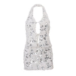 Women Clothing Nightclub Sequined Decorative Plush Sexy Backless Dress