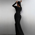 Women Clothing Spring Summer Solid Color Long Sleeve Tight Waist Hip Split Dress Women