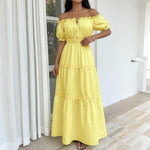 Fresh Vacation Solid Color off Shoulder Puff Sleeve Tiered Dress