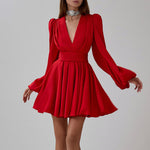 French Pleated Dress Women Puff Sleeve V neck Waist Seal Slimming Satin A line Dress