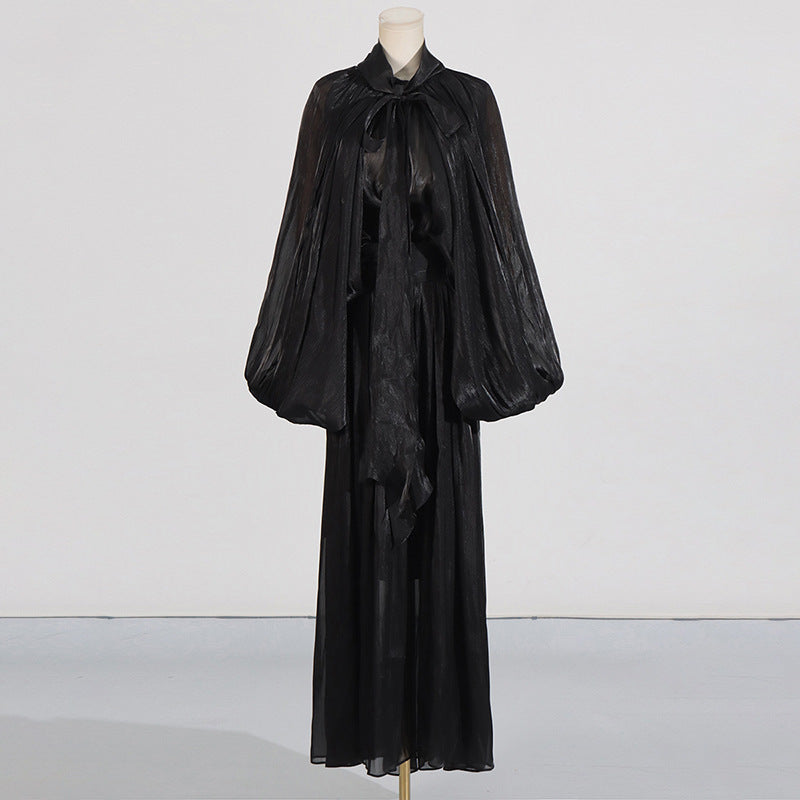 Niche High Grade Maxi Dress Autumn Winter Design Batwing Sleeve Lace up Dress Women