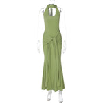 Cinched Patchwork Streamer Solid Color Wild Long Halter Backless Dress Women Clothing